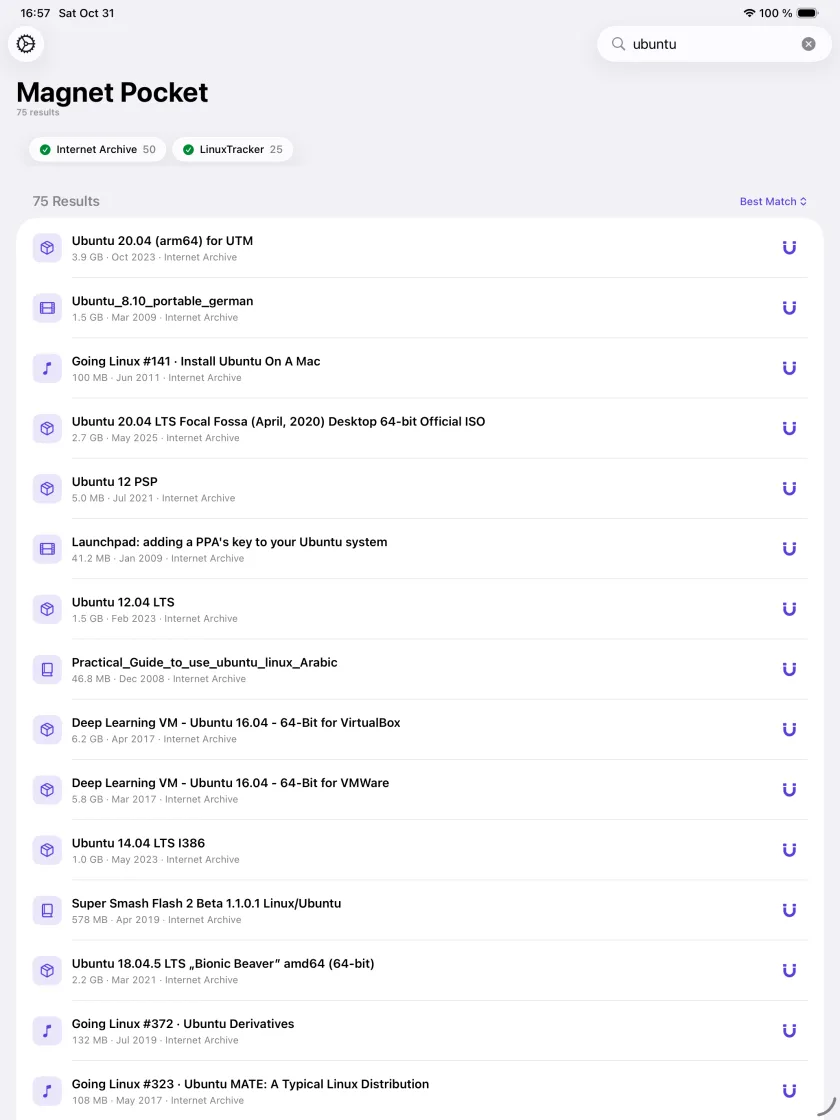 Magnet Pocket on iPad showing search results for ubuntu with the source chips and the sort menu