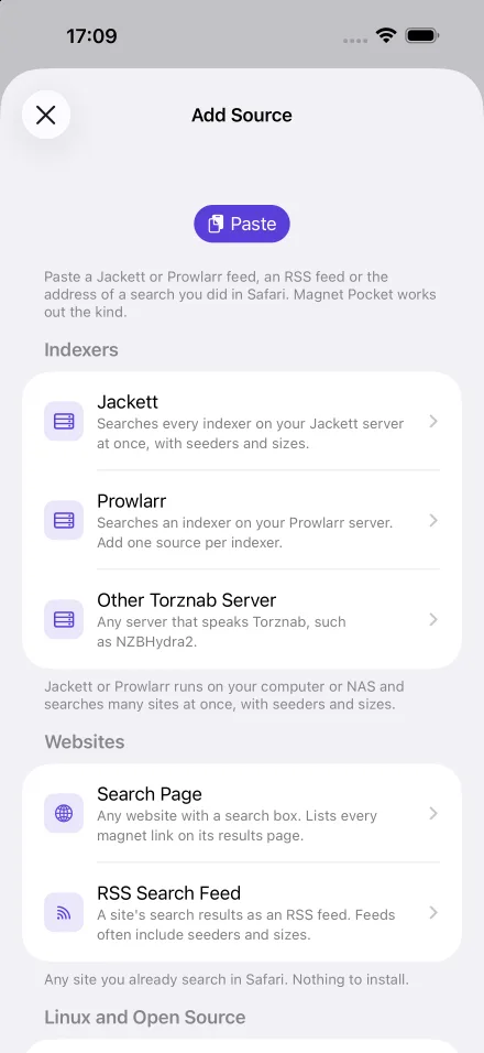 The Add Source sheet in Magnet Pocket on iPhone: a Paste button, then presets grouped as Indexers (Jackett, Prowlarr, Other Torznab Server) and Websites (Search Page, RSS Search Feed)