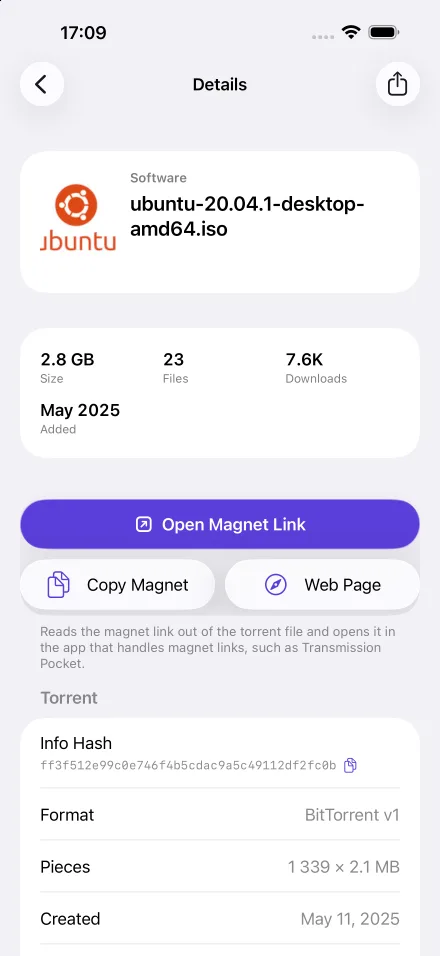 Details for an Ubuntu ISO in Magnet Pocket on iPhone: size, file count and downloads, an Open Magnet Link button, Copy Magnet and Web Page, then the info hash, format, pieces and creation date