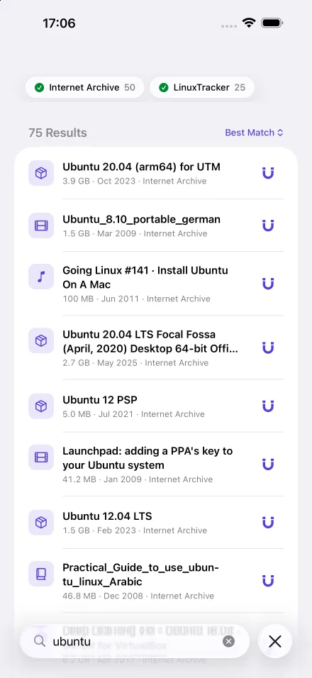 Results for ubuntu in Magnet Pocket on iPhone: chips showing Internet Archive 50 and LinuxTracker 25, 75 results sorted by best match, each row with size, date, source and a magnet button