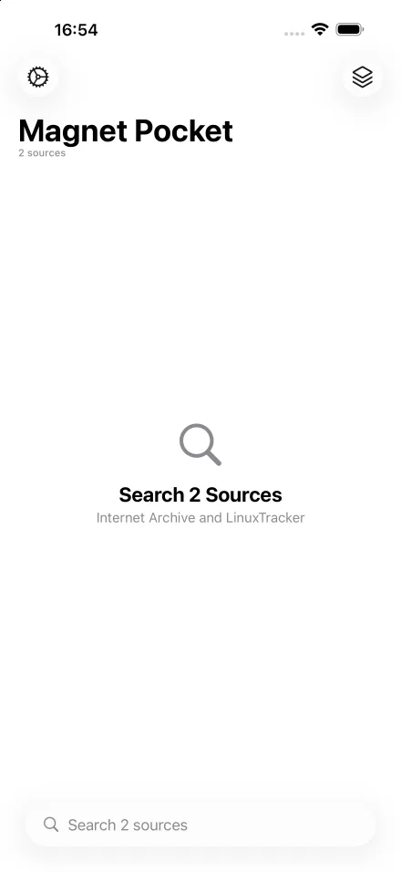 Magnet Pocket on iPhone before a search: the search field and the line Search 2 Sources, Internet Archive and LinuxTracker