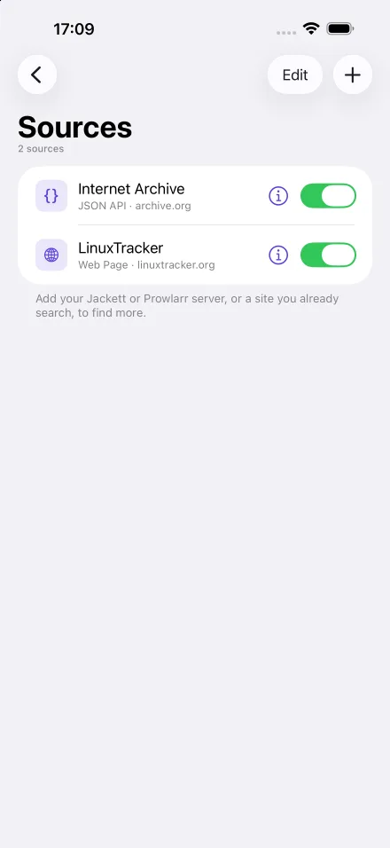 The Sources screen in Magnet Pocket on iPhone: Internet Archive and LinuxTracker, each with a switch and an info button, plus Edit and add buttons
