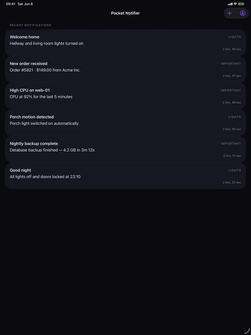Pocket Notifier on iPad showing the notification history