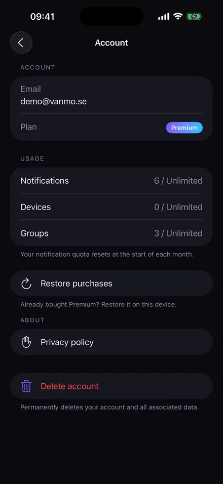 The Account screen in Pocket Notifier showing the Premium plan and usage counters for notifications, devices and groups