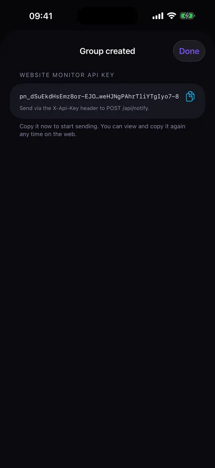 A newly created notification group in Pocket Notifier showing its API key and the instruction to send it in the X-Api-Key header