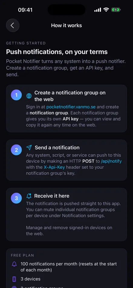 The How it works screen in Pocket Notifier: create a group on the web, send a POST to the notify endpoint, receive it in the app