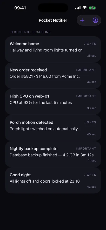 Pocket Notifier on iPhone showing recent notifications with their group labels and arrival times