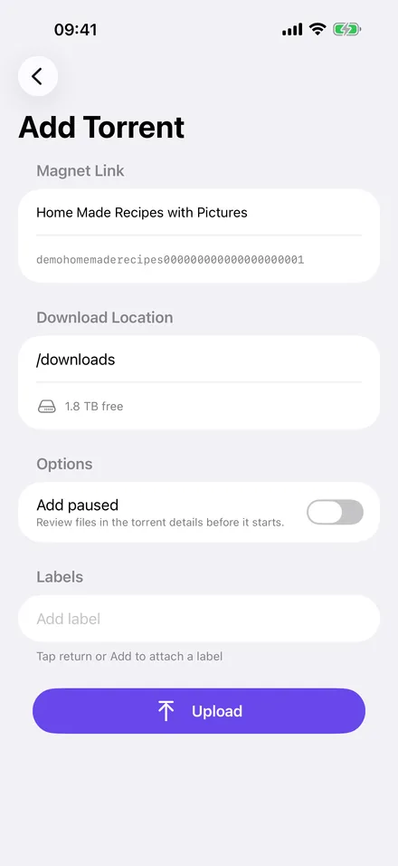 Add Torrent screen in Transmission Pocket on iPhone: magnet link, download location with free space, add-paused switch and labels