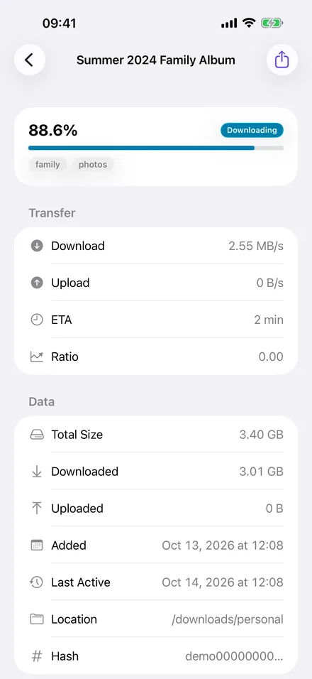 Transfer details in Transmission Pocket on iPhone: progress, labels, download and upload speed, ETA, ratio, size, dates and location