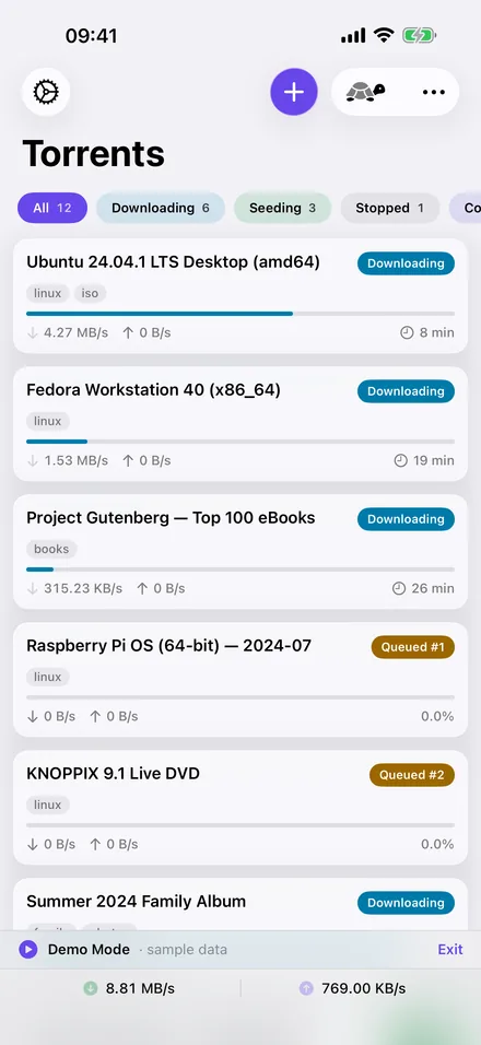 Transmission Pocket on iPhone: the transfer list with filter chips, labels, download and upload speed, progress and time remaining for each torrent