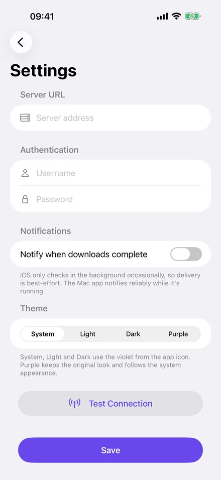 Settings in Transmission Pocket on iPhone: server URL, username and password, download-complete notifications, theme picker with System, Light, Dark and Purple, Test Connection and Save